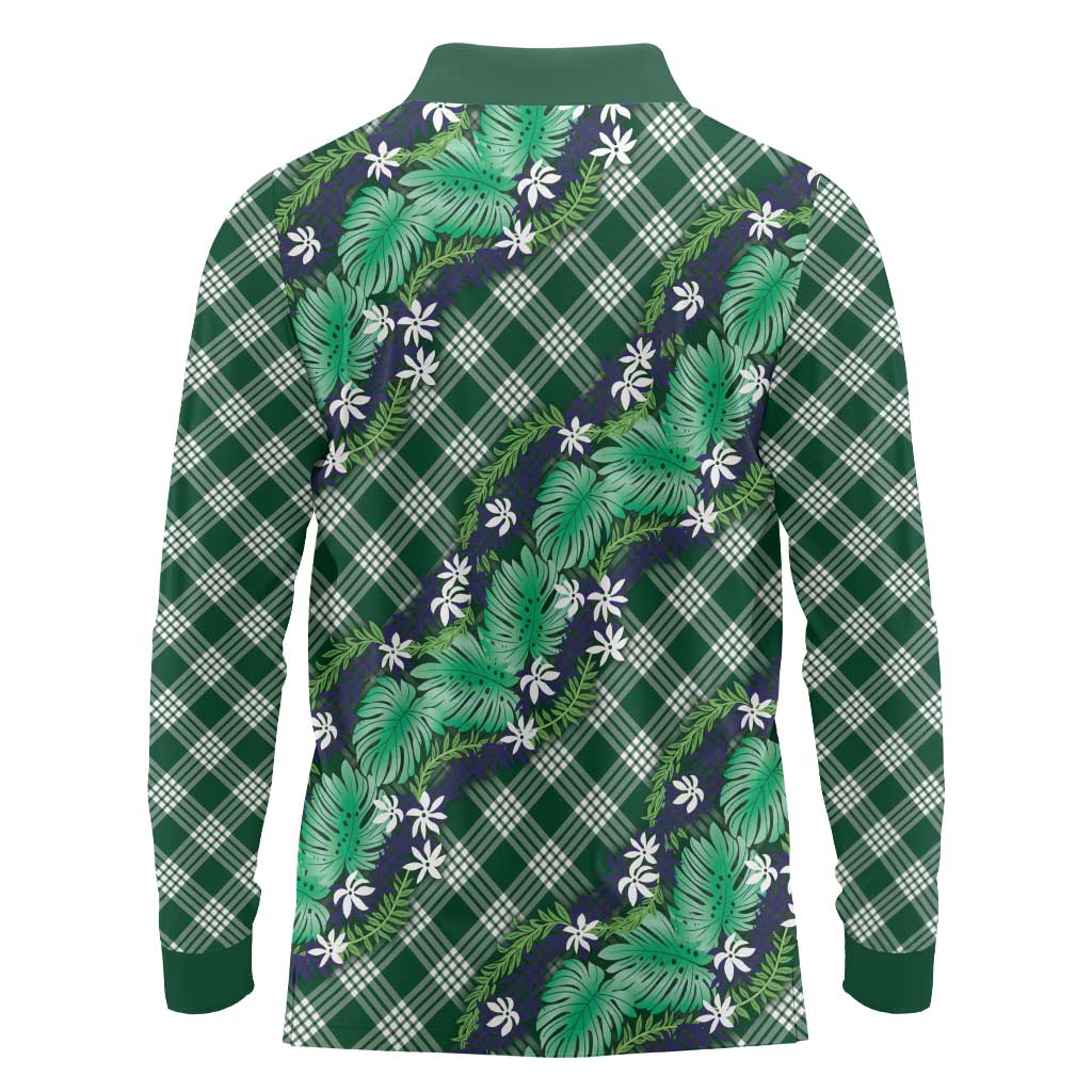 Polynesian Monstera Tiare Floral Long Sleeve Polo Shirt Forest Green Tropical Plaid - Polynesian Pride