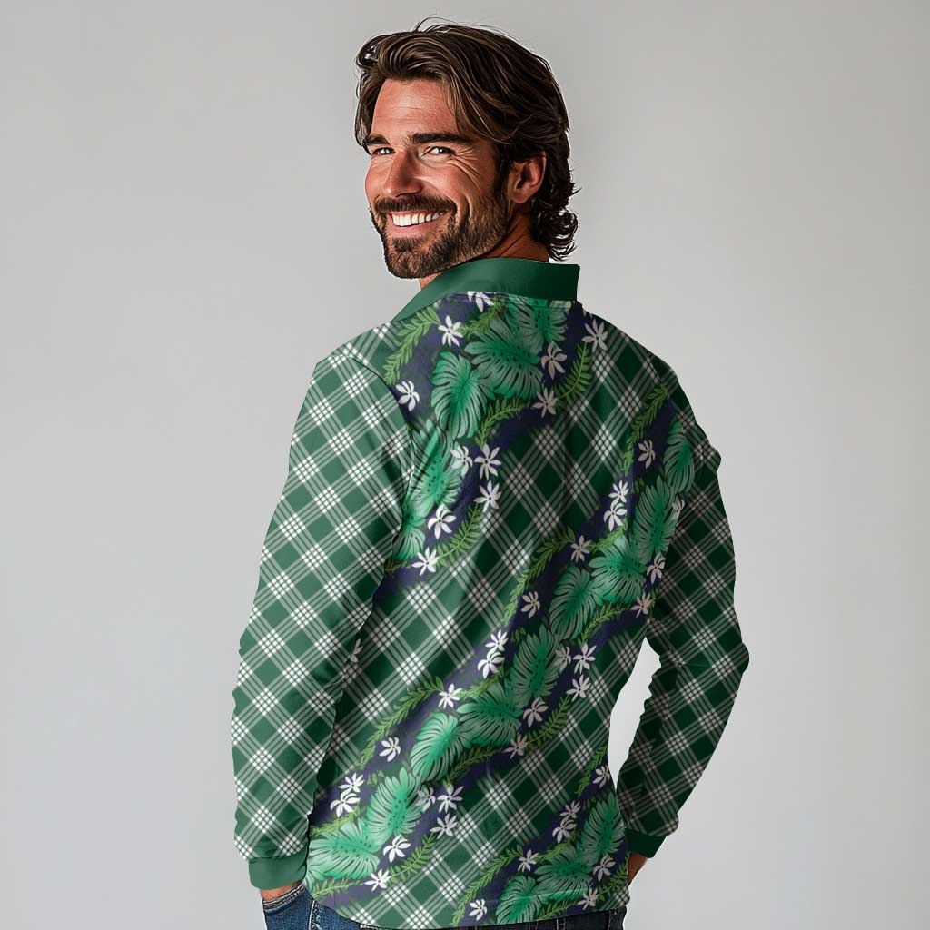 Polynesian Monstera Tiare Floral Long Sleeve Polo Shirt Forest Green Tropical Plaid - Polynesian Pride
