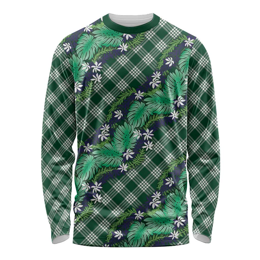 Polynesian Monstera Tiare Floral Long Sleeve Shirt Forest Green Tropical Plaid - Polynesian Pride