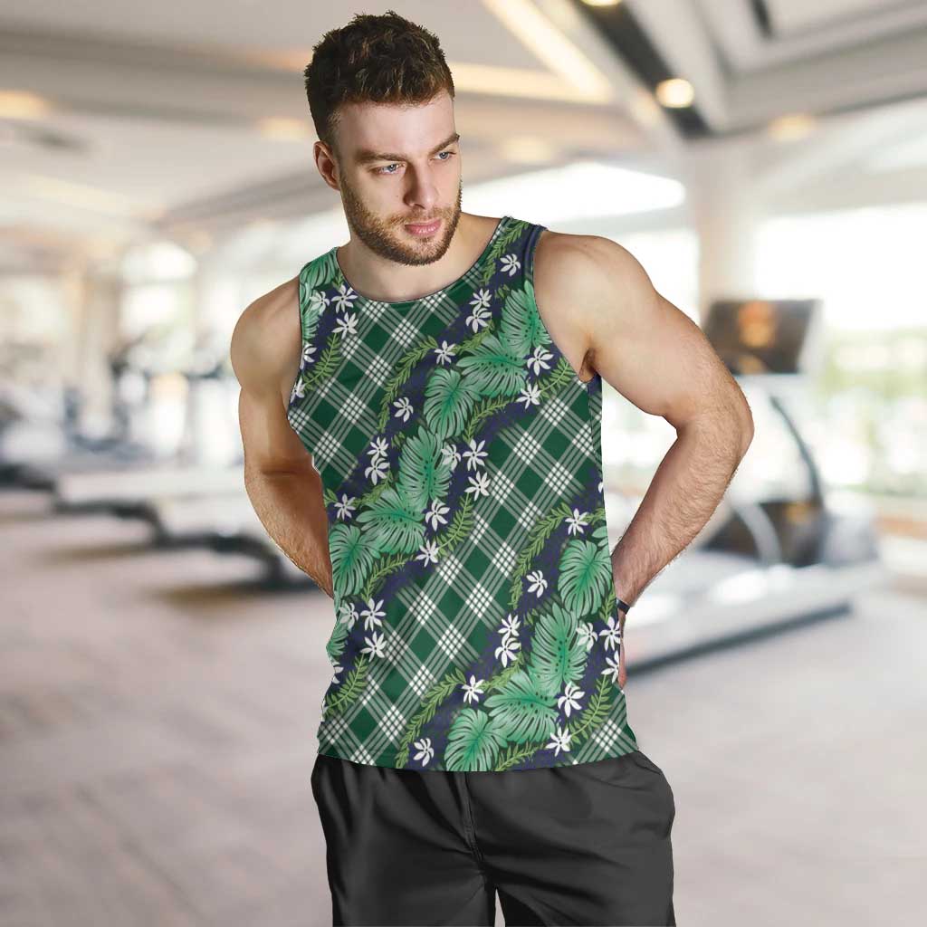 Polynesian Monstera Tiare Floral Men Tank Top Forest Green Tropical Plaid - Polynesian Pride