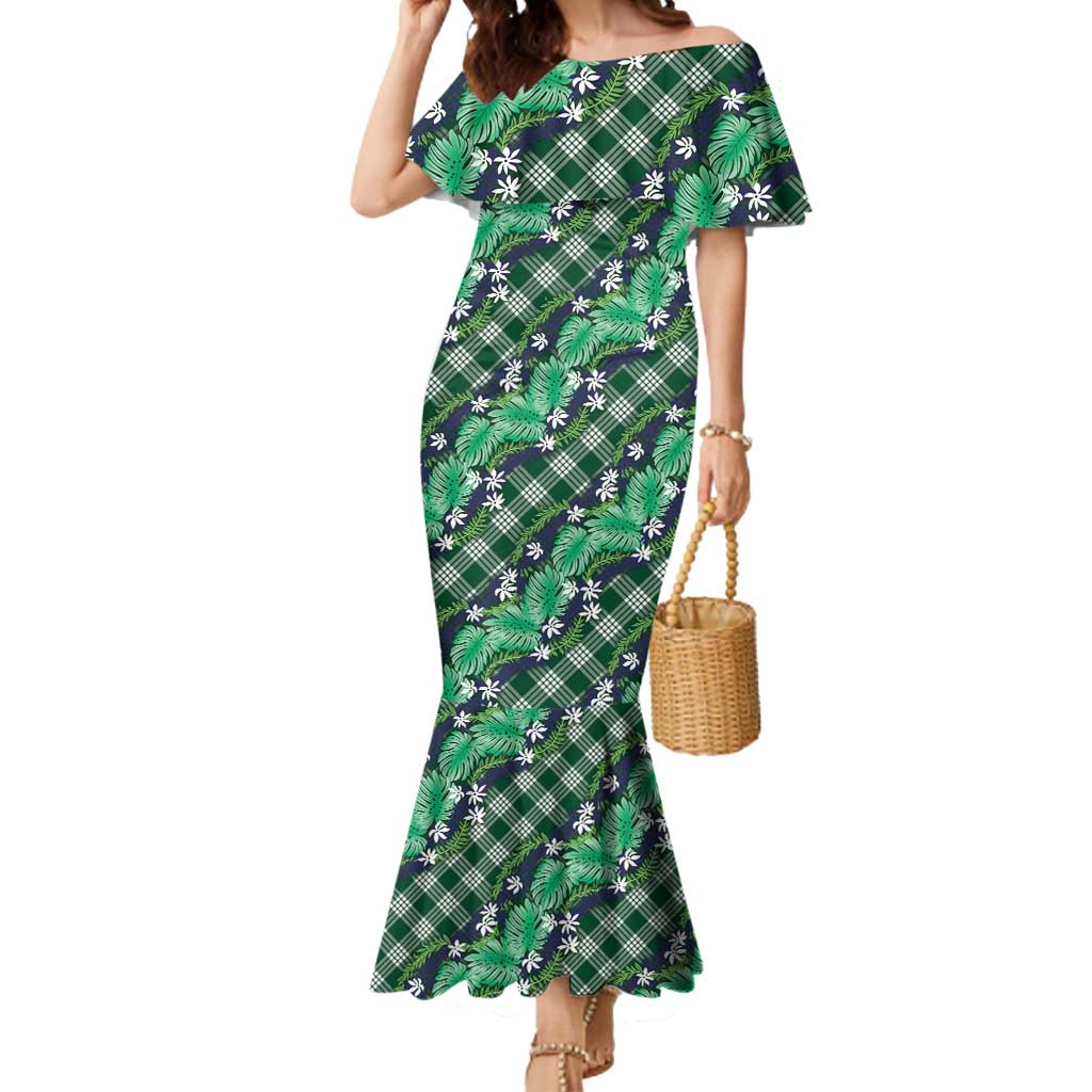 Polynesian Monstera Tiare Floral Mermaid Dress Forest Green Tropical Plaid - Polynesian Pride
