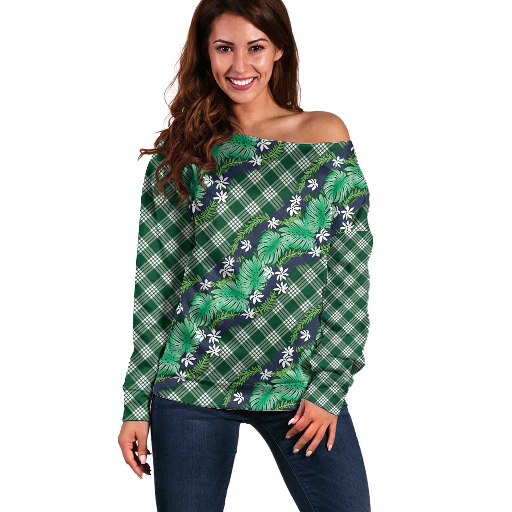 Polynesian Monstera Tiare Floral Off Shoulder Sweater Forest Green Tropical Plaid - Polynesian Pride
