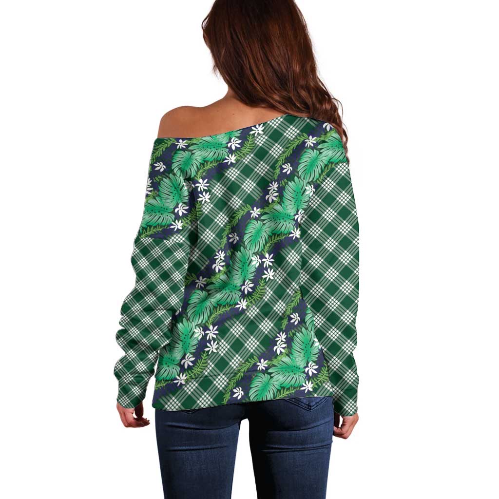 Polynesian Monstera Tiare Floral Off Shoulder Sweater Forest Green Tropical Plaid - Polynesian Pride
