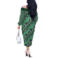 Polynesian Monstera Tiare Floral Off The Shoulder Long Sleeve Dress Forest Green Tropical Plaid - Polynesian Pride