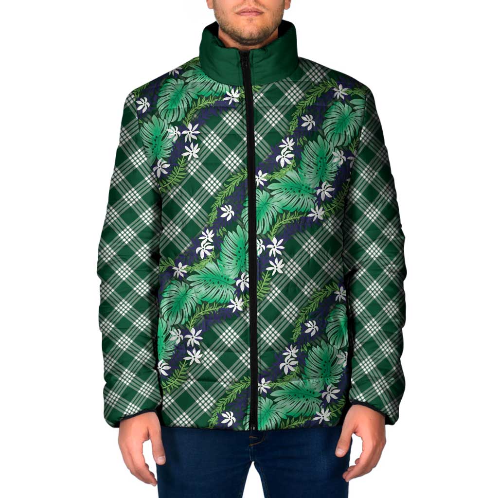 Polynesian Monstera Tiare Floral Padded Jacket Forest Green Tropical Plaid LT01 Men Green - Polynesian Pride