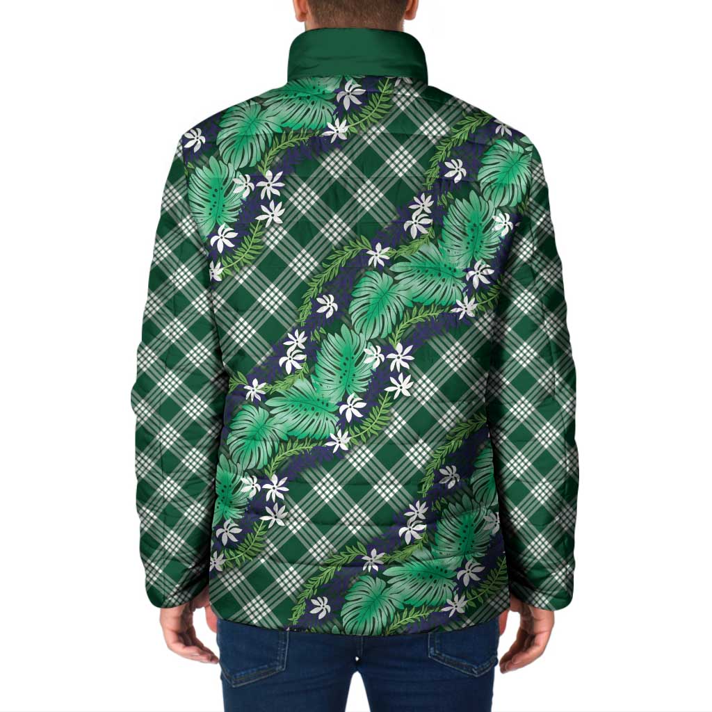 Polynesian Monstera Tiare Floral Padded Jacket Forest Green Tropical Plaid - Polynesian Pride