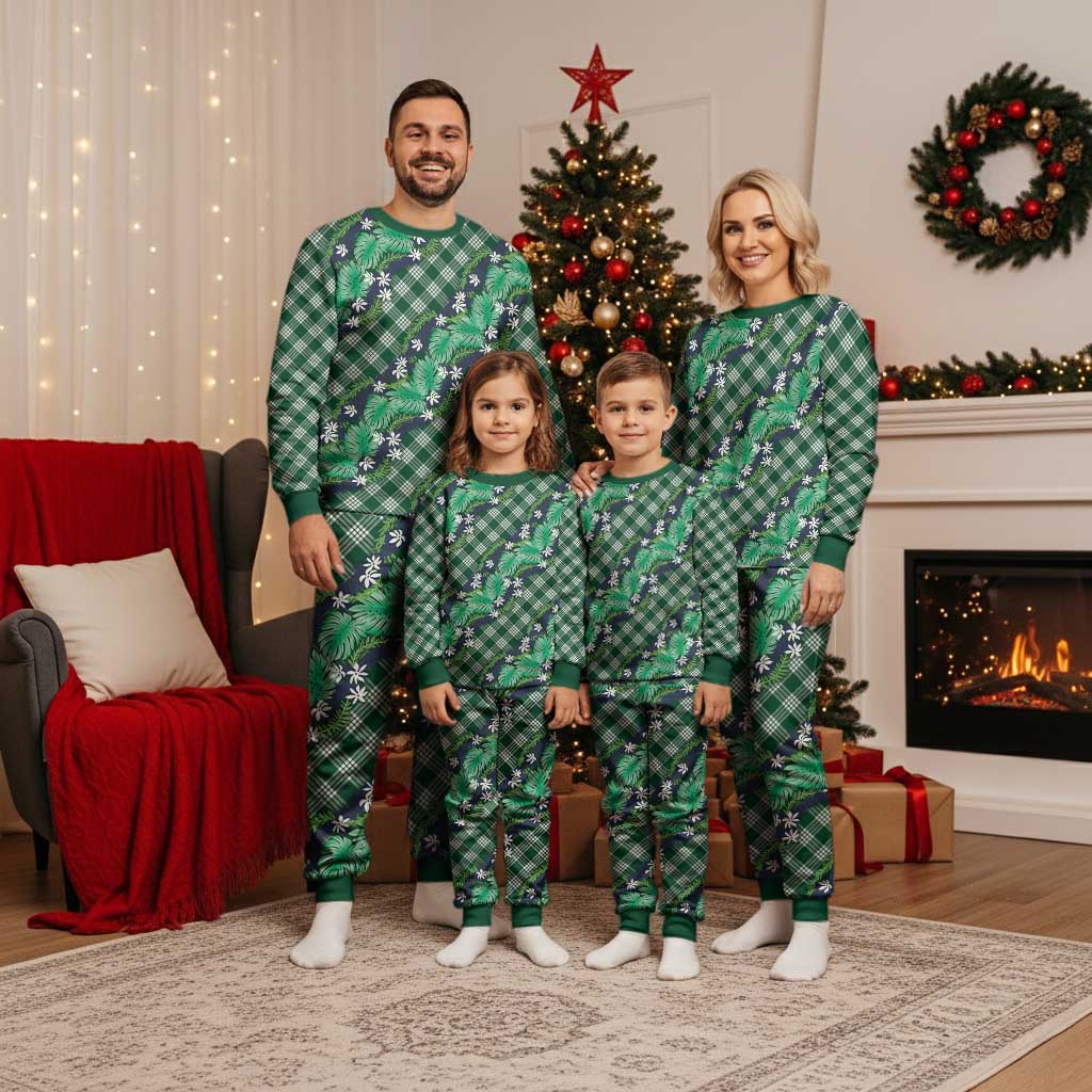 Polynesian Monstera Tiare Floral Christmas Pajama Set Forest Green Tropical Plaid - Polynesian Pride