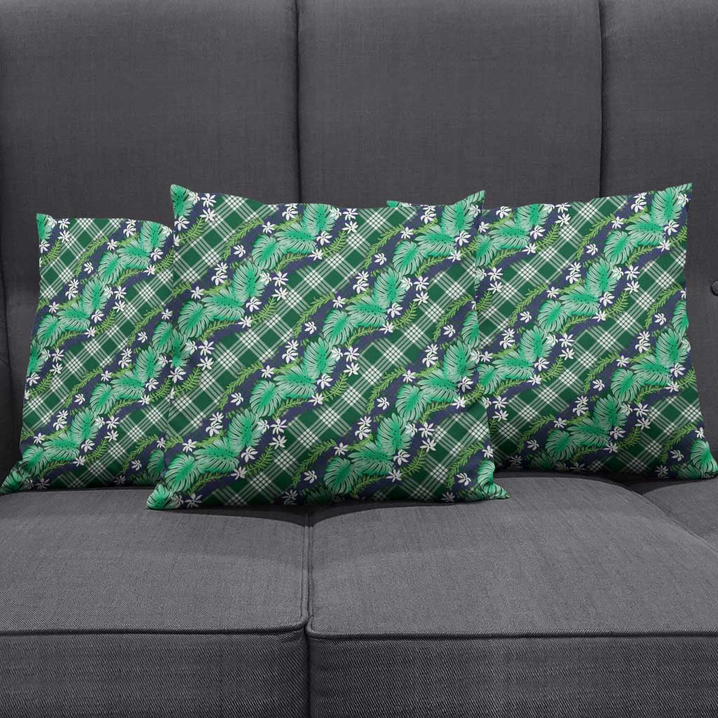Polynesian Monstera Tiare Floral Pillow Cover Forest Green Tropical Plaid - Polynesian Pride
