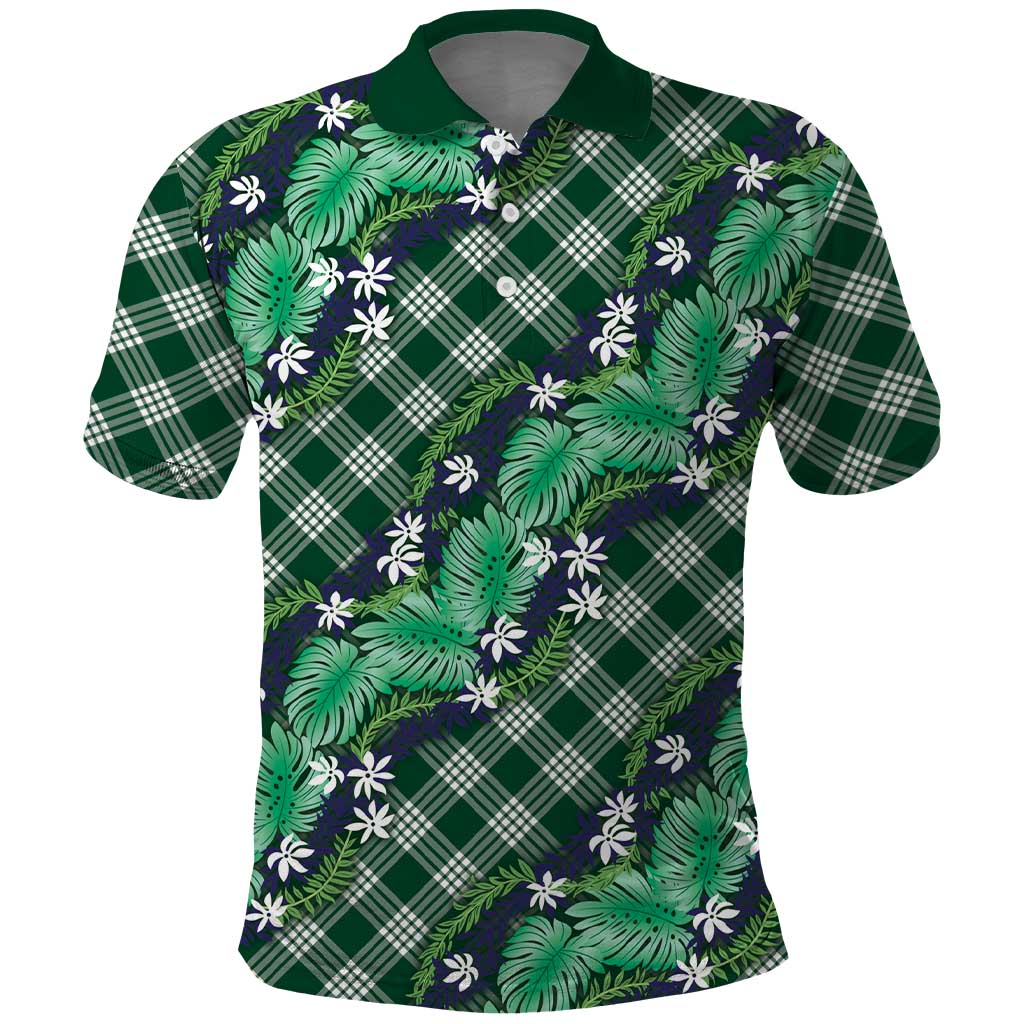 Polynesian Monstera Tiare Floral Polo Shirt Forest Green Tropical Plaid LT01 Green - Polynesian Pride