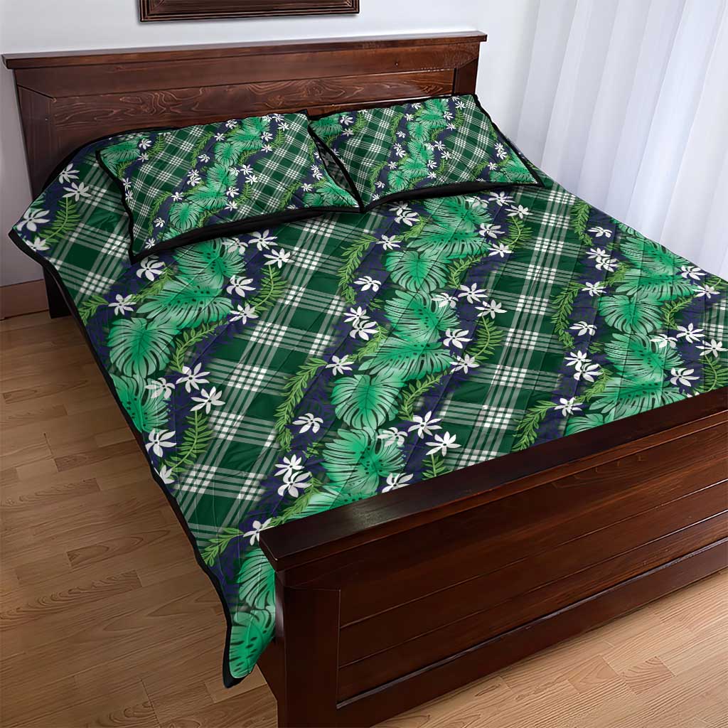 Polynesian Monstera Tiare Floral Quilt Bed Set Forest Green Tropical Plaid - Polynesian Pride