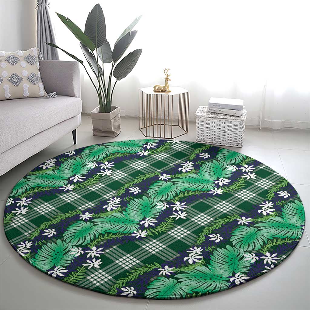 Polynesian Monstera Tiare Floral Round Carpet Forest Green Tropical Plaid - Polynesian Pride