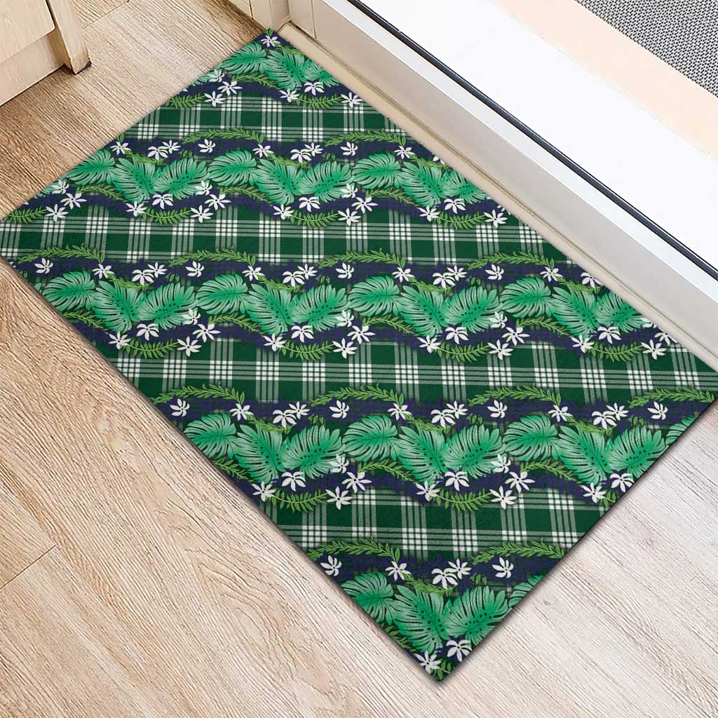Polynesian Monstera Tiare Floral Rubber Doormat Forest Green Tropical Plaid - Polynesian Pride