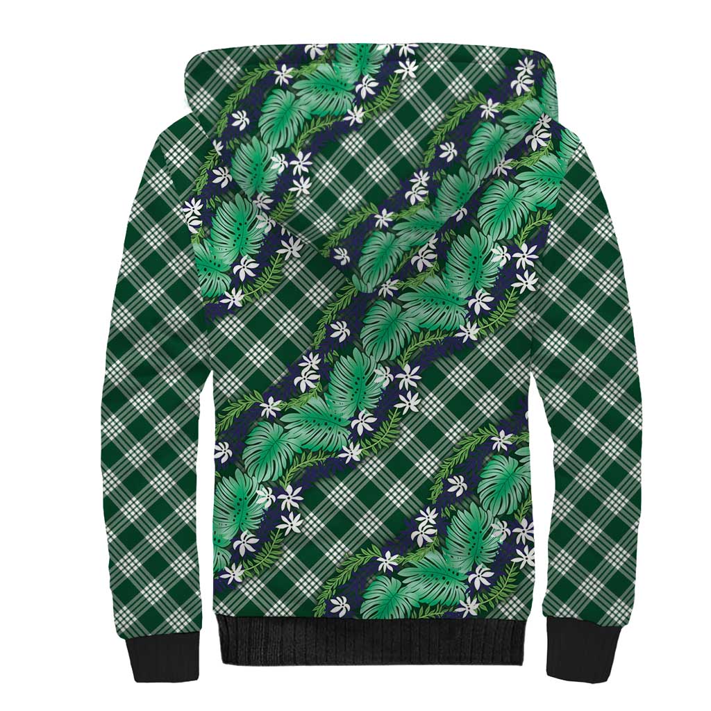 Polynesian Monstera Tiare Floral Sherpa Hoodie Forest Green Tropical Plaid - Polynesian Pride