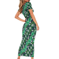 Polynesian Monstera Tiare Floral Short Sleeve Bodycon Dress Forest Green Tropical Plaid - Polynesian Pride