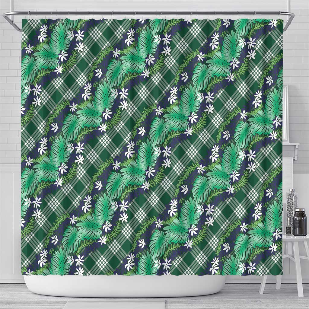 Polynesian Monstera Tiare Floral Shower Curtain Forest Green Tropical Plaid - Polynesian Pride