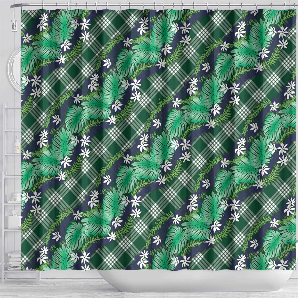 Polynesian Monstera Tiare Floral Shower Curtain Forest Green Tropical Plaid - Polynesian Pride