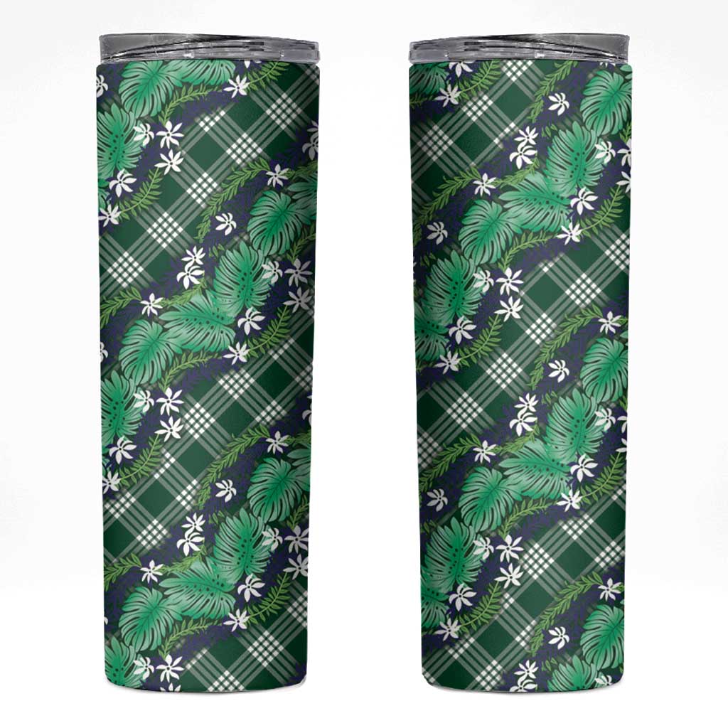 Polynesian Monstera Tiare Floral Skinny Tumbler Forest Green Tropical Plaid - Polynesian Pride