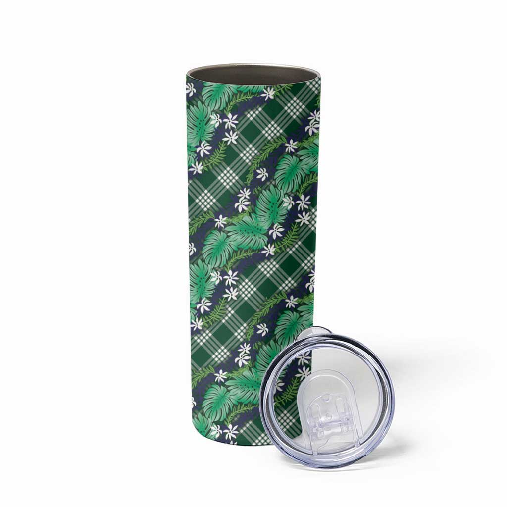 Polynesian Monstera Tiare Floral Skinny Tumbler Forest Green Tropical Plaid - Polynesian Pride