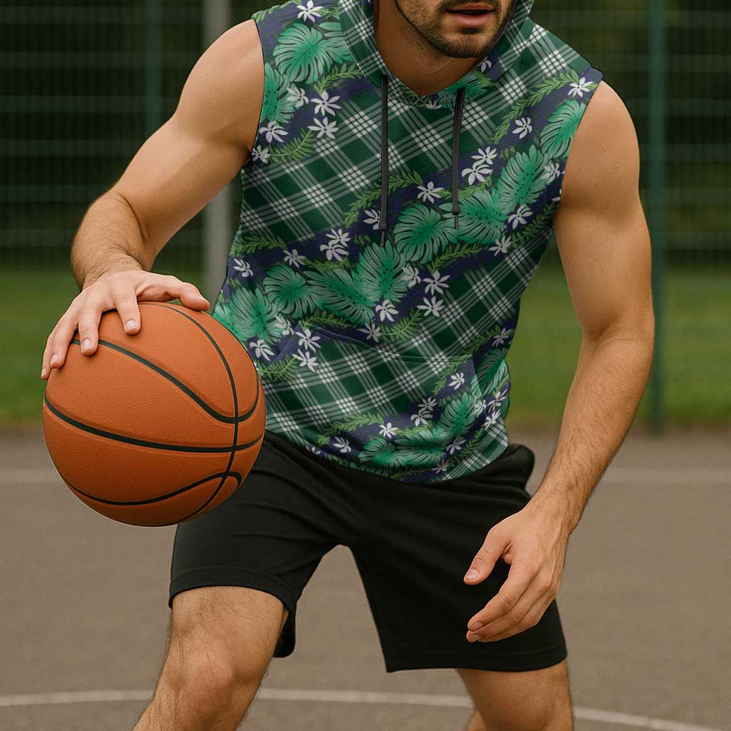 Polynesian Monstera Tiare Floral Sleeveless Hoodie Forest Green Tropical Plaid - Polynesian Pride