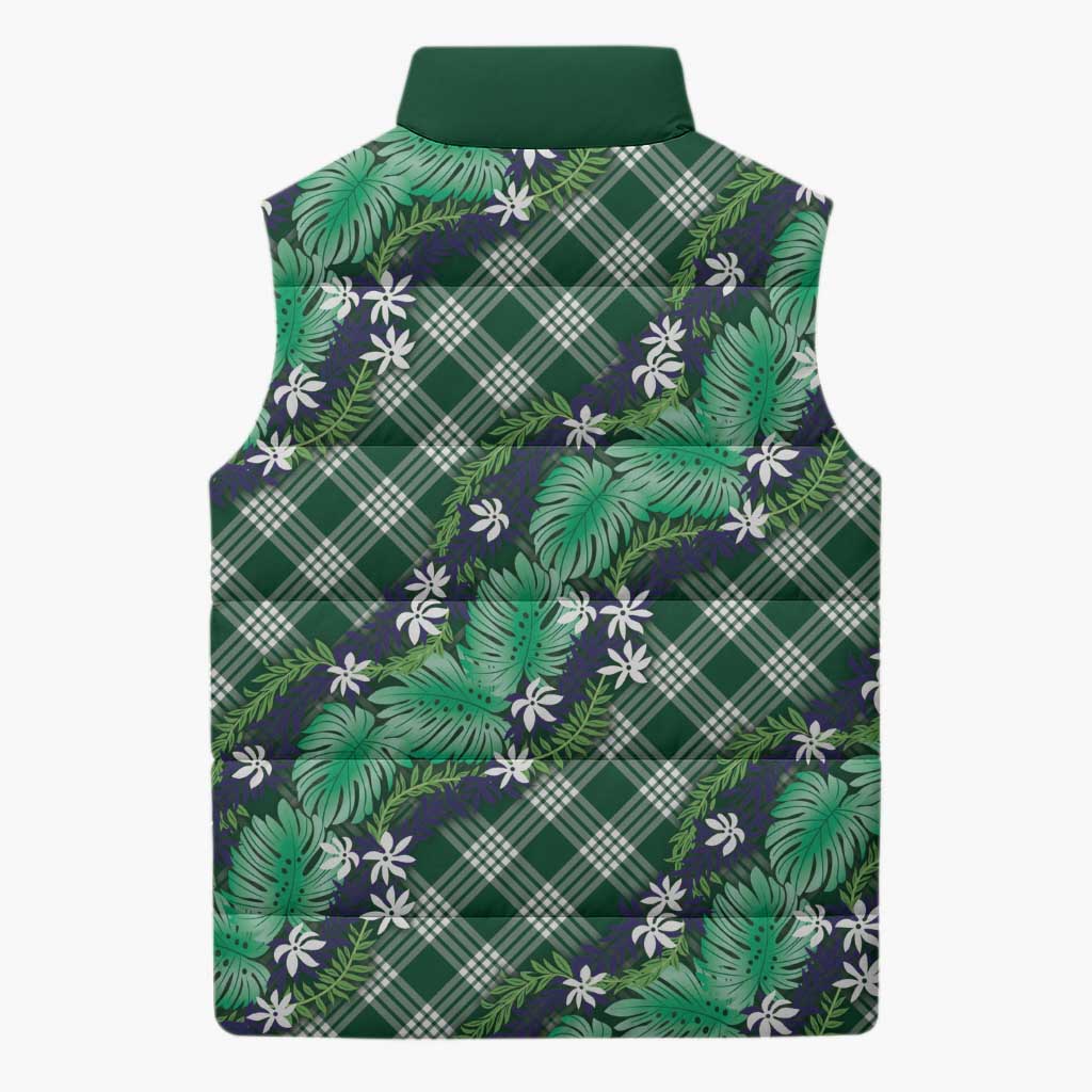 Polynesian Monstera Tiare Floral Sleeveless Puffer Jacket Forest Green Tropical Plaid - Polynesian Pride