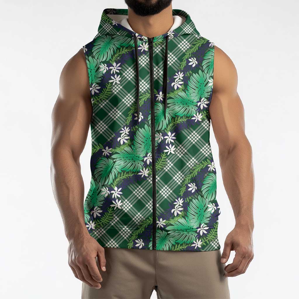 Polynesian Monstera Tiare Floral Sleeveless Zip Hoodie Forest Green Tropical Plaid - Polynesian Pride