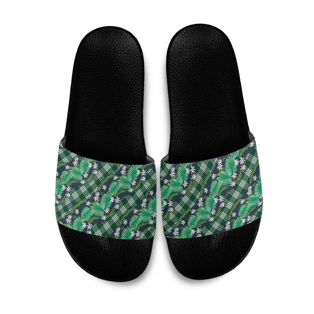 Polynesian Monstera Tiare Floral Slide Sandals Forest Green Tropical Plaid - Polynesian Pride