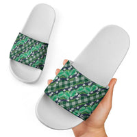 Polynesian Monstera Tiare Floral Slide Sandals Forest Green Tropical Plaid - Polynesian Pride