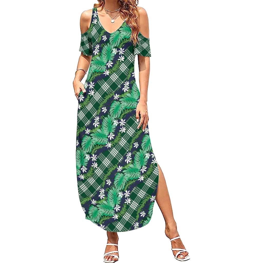 Polynesian Monstera Tiare Floral Summer Maxi Dress Forest Green Tropical Plaid LT01 Women Green - Polynesian Pride