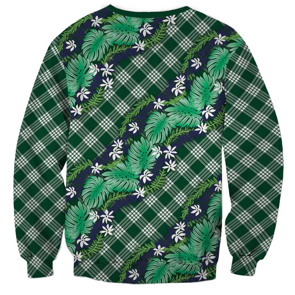 Polynesian Monstera Tiare Floral Sweatshirt Forest Green Tropical Plaid - Polynesian Pride