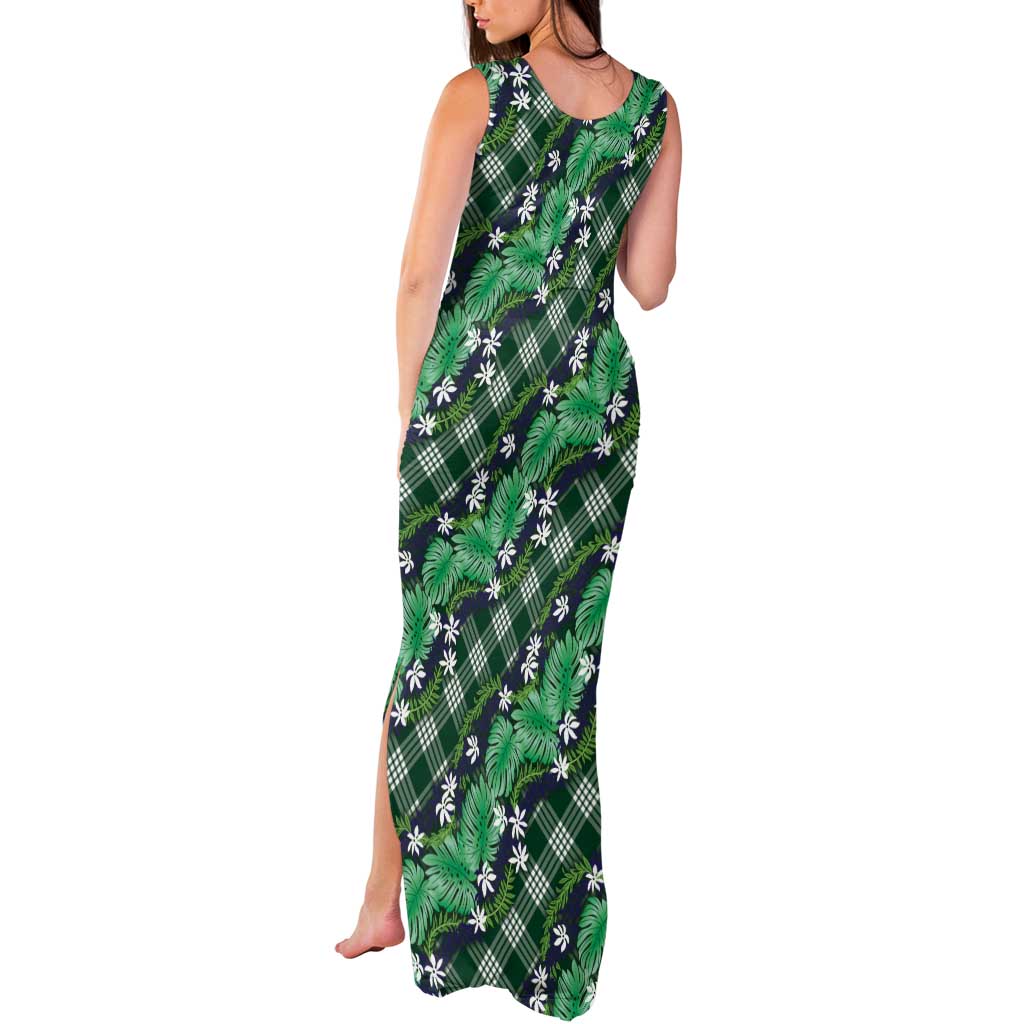 Polynesian Monstera Tiare Floral Tank Maxi Dress Forest Green Tropical Plaid - Polynesian Pride