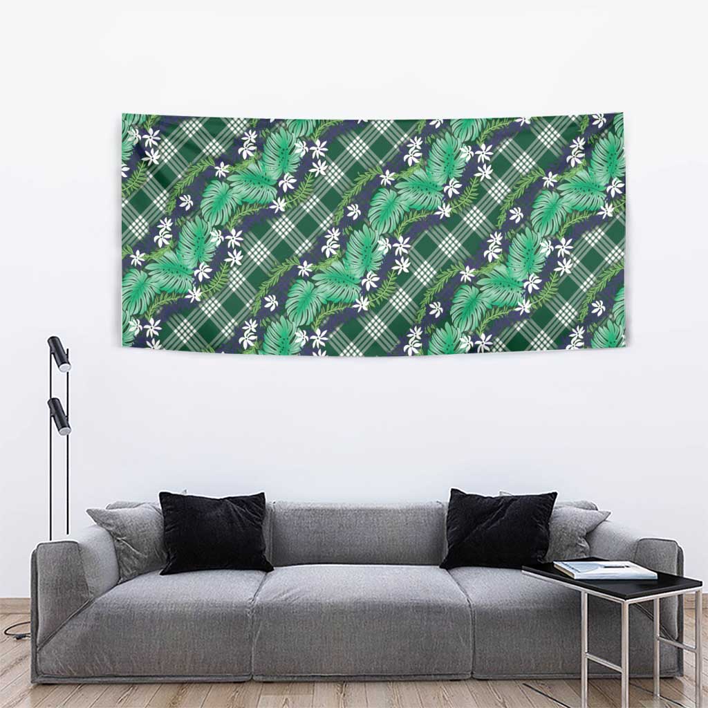 Polynesian Monstera Tiare Floral Tapestry Forest Green Tropical Plaid - Polynesian Pride