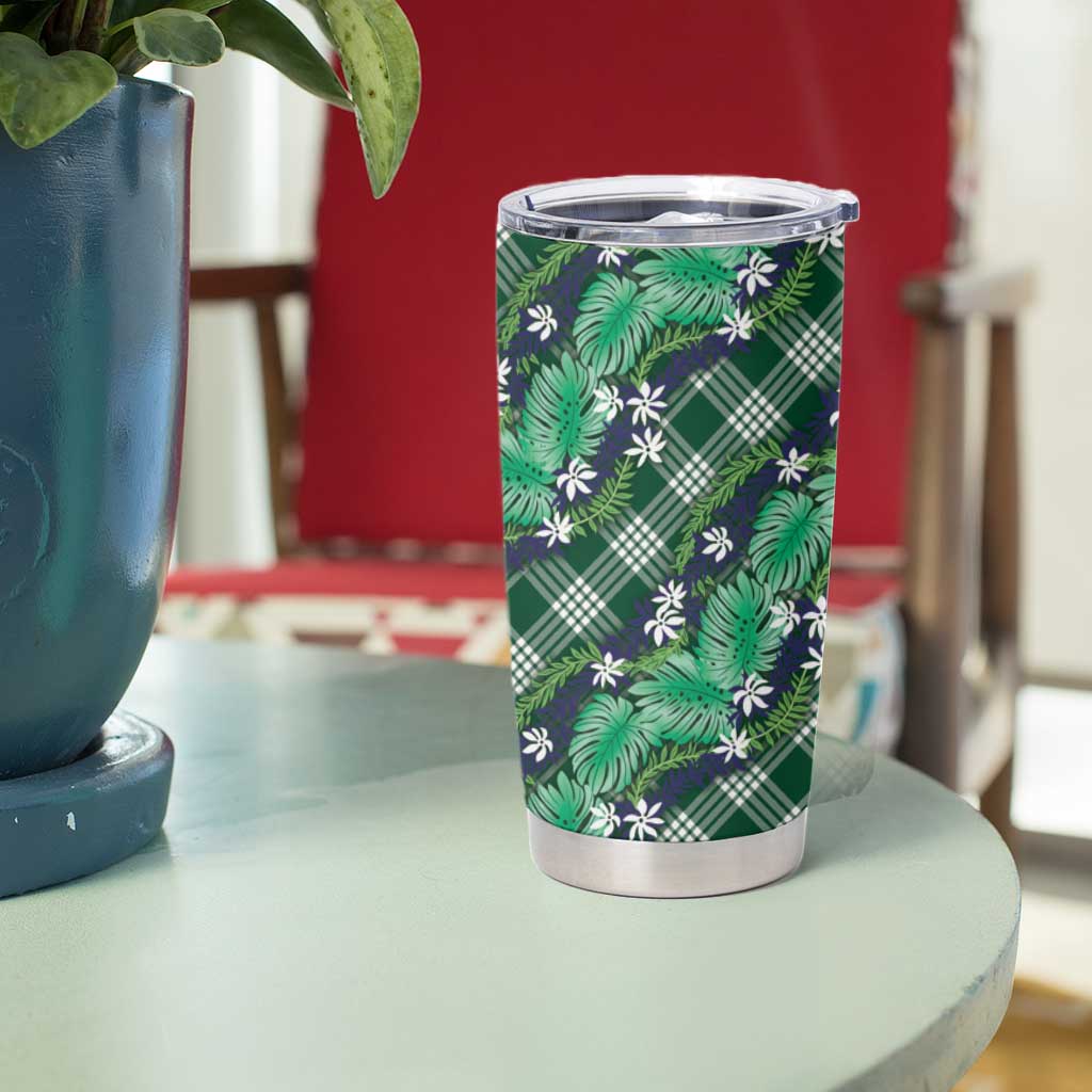 Polynesian Monstera Tiare Floral Tumbler Cup Forest Green Tropical Plaid - Polynesian Pride
