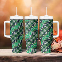 Polynesian Monstera Tiare Floral Tumbler With Handle Forest Green Tropical Plaid - Polynesian Pride