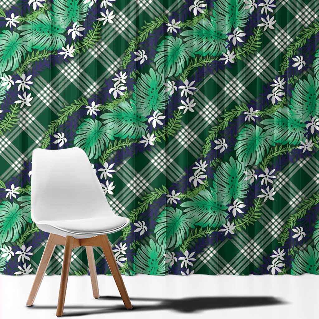 Polynesian Monstera Tiare Floral Window Curtain Forest Green Tropical Plaid - Polynesian Pride