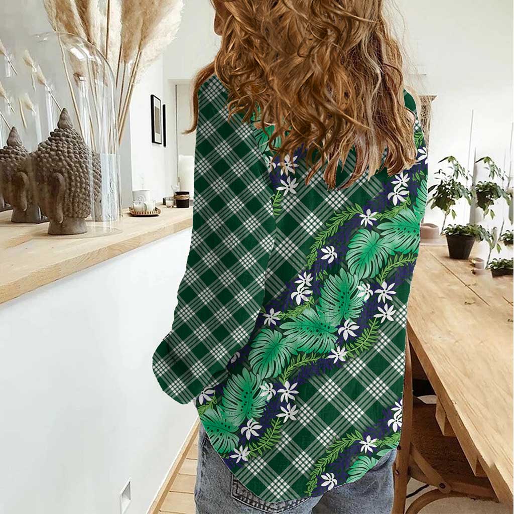 Polynesian Monstera Tiare Floral Women Casual Shirt Forest Green Tropical Plaid - Polynesian Pride