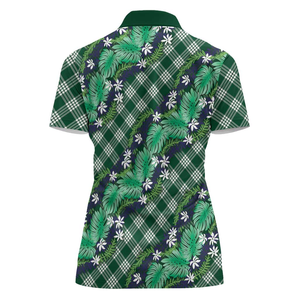 Polynesian Monstera Tiare Floral Women Polo Shirt Forest Green Tropical Plaid - Polynesian Pride