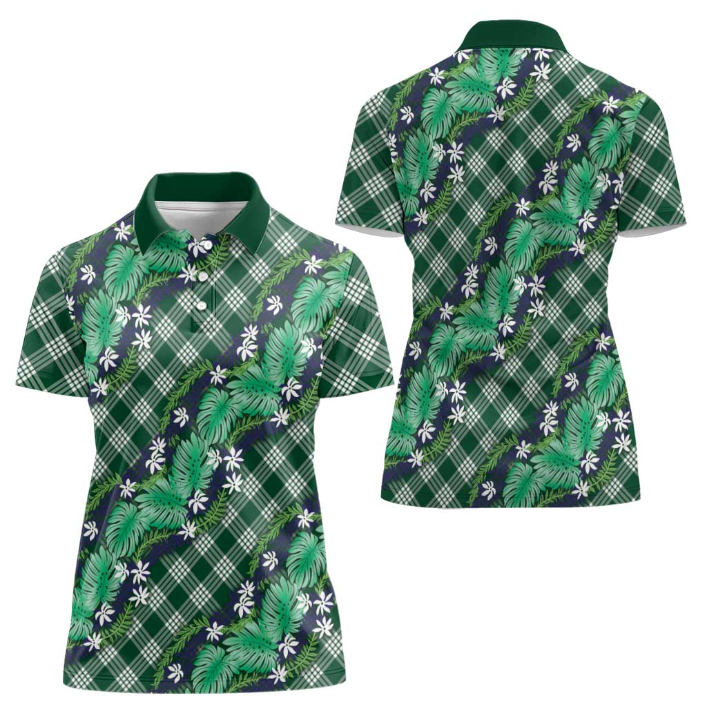 Polynesian Monstera Tiare Floral Women Polo Shirt Forest Green Tropical Plaid - Polynesian Pride