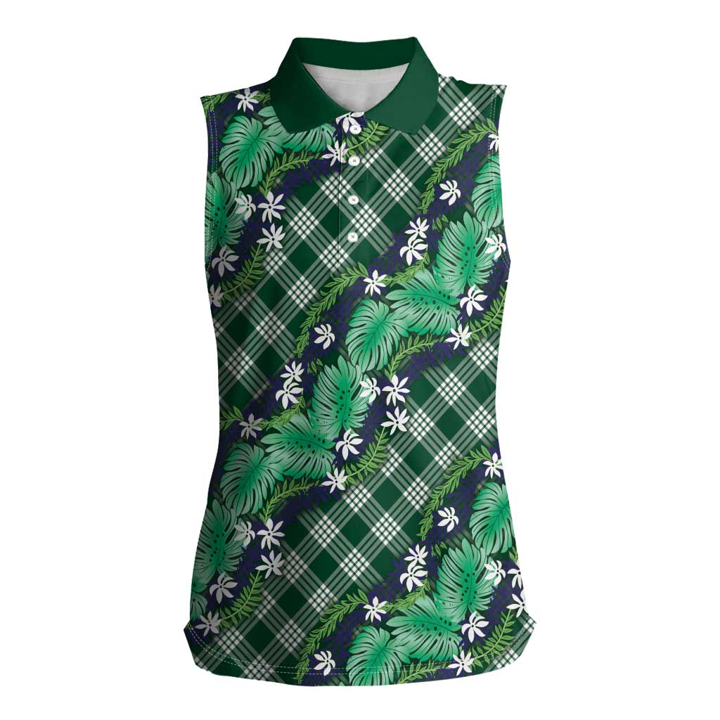 Polynesian Monstera Tiare Floral Women Sleeveless Polo Shirt Forest Green Tropical Plaid LT01 Female Green - Polynesian Pride