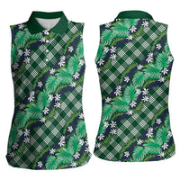 Polynesian Monstera Tiare Floral Women Sleeveless Polo Shirt Forest Green Tropical Plaid - Polynesian Pride