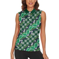 Polynesian Monstera Tiare Floral Women Sleeveless Polo Shirt Forest Green Tropical Plaid - Polynesian Pride