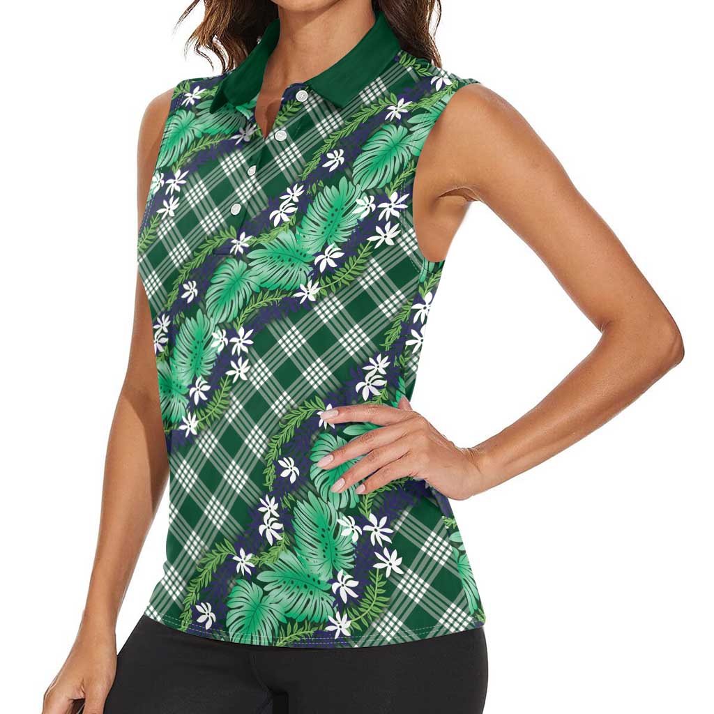 Polynesian Monstera Tiare Floral Women Sleeveless Polo Shirt Forest Green Tropical Plaid - Polynesian Pride