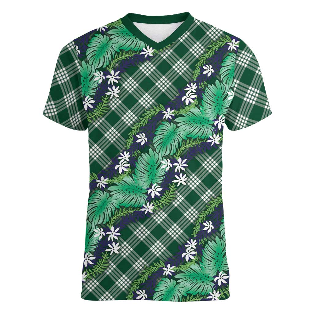 Polynesian Monstera Tiare Floral Women V-Neck T-Shirt Forest Green Tropical Plaid - Polynesian Pride