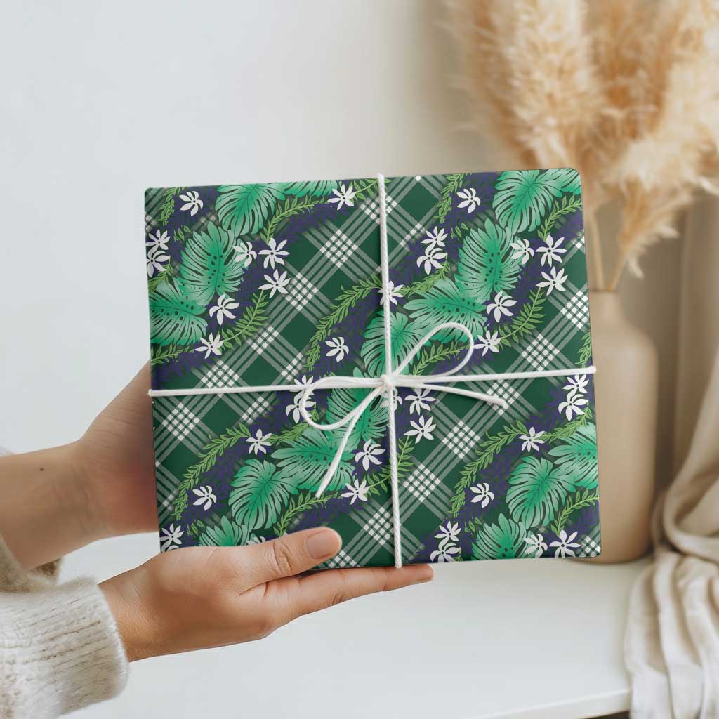 Polynesian Monstera Tiare Floral Wrapping Paper Forest Green Tropical Plaid - Polynesian Pride