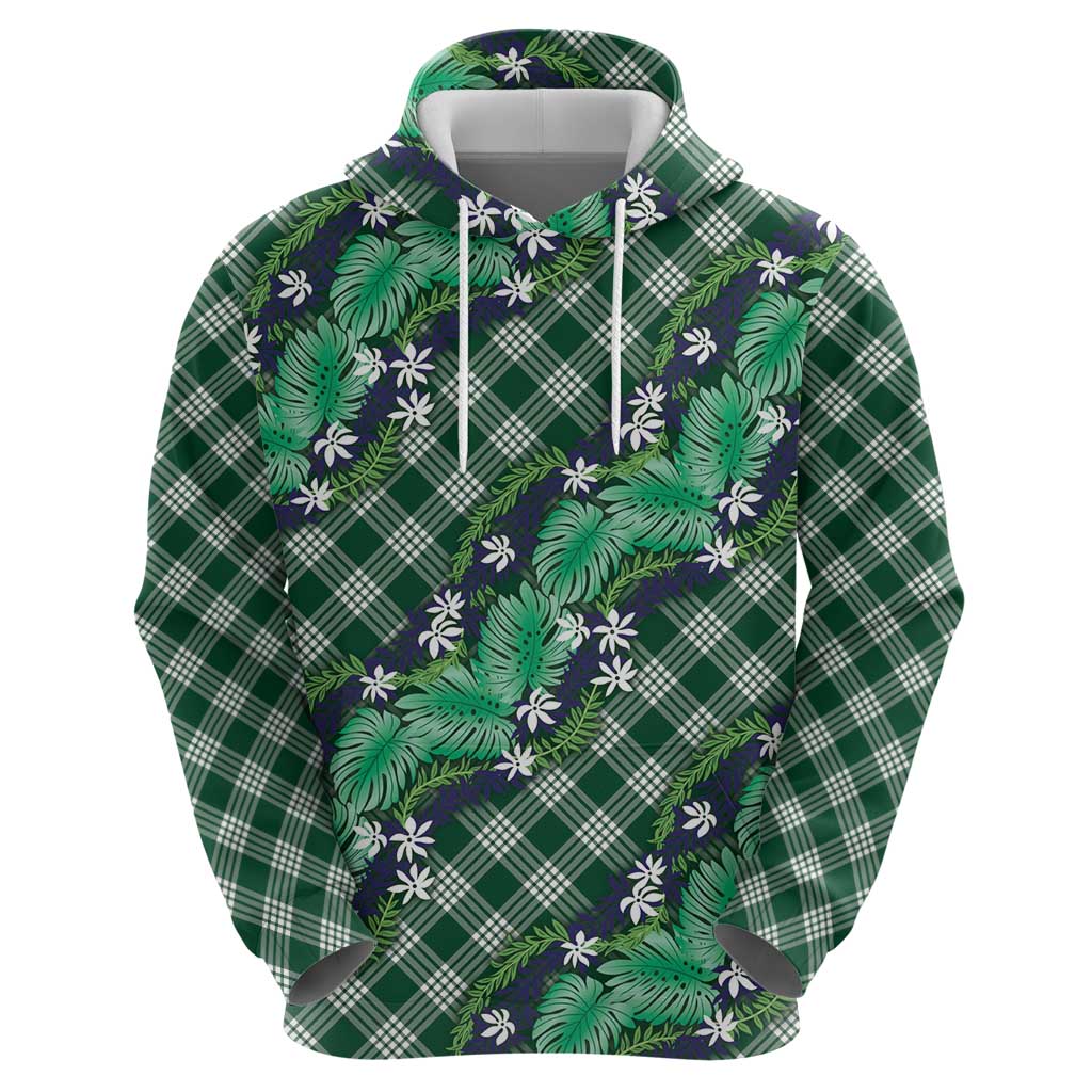Polynesian Monstera Tiare Floral Zip Hoodie Forest Green Tropical Plaid - Polynesian Pride