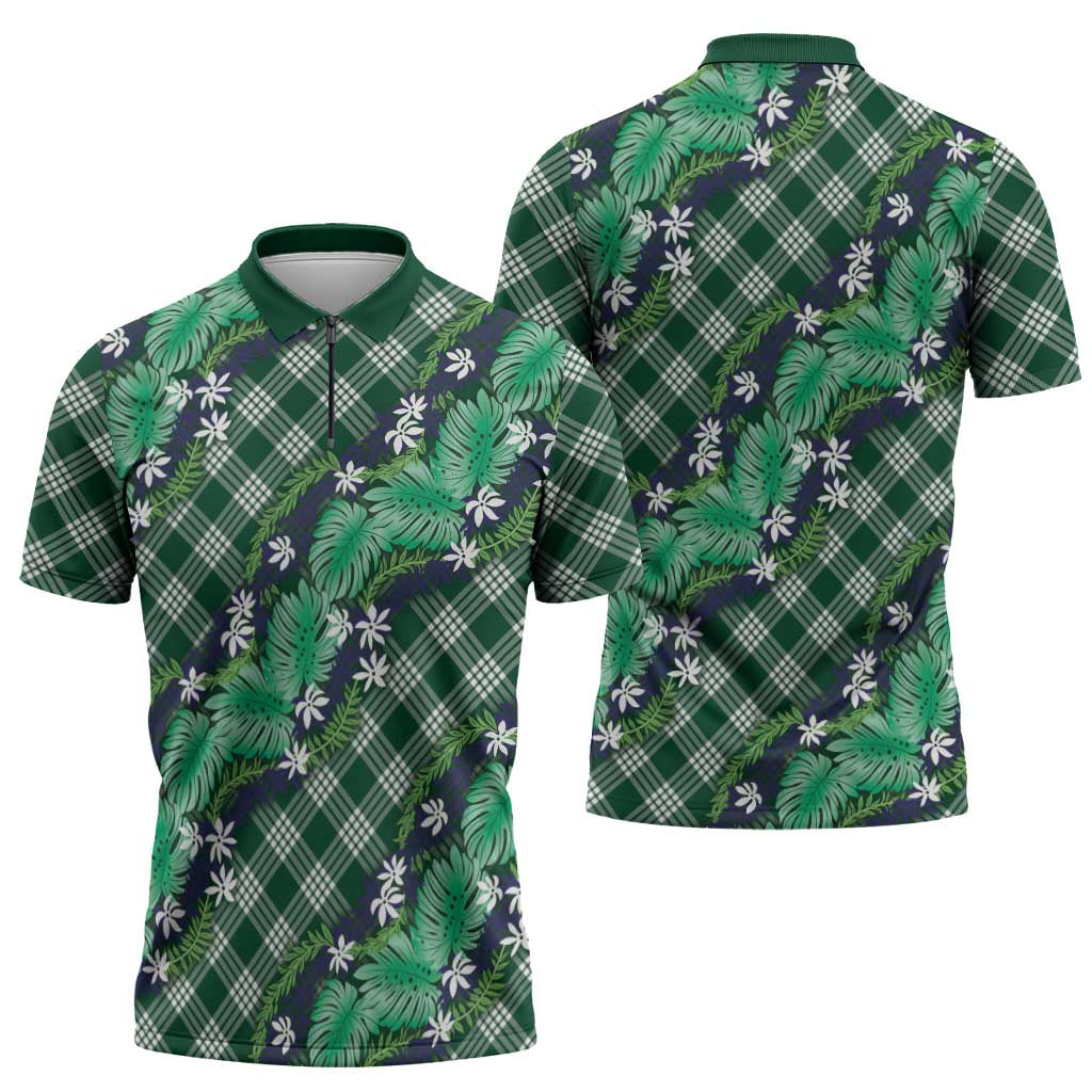 Polynesian Monstera Tiare Floral Zipper Polo Shirt Forest Green Tropical Plaid - Polynesian Pride