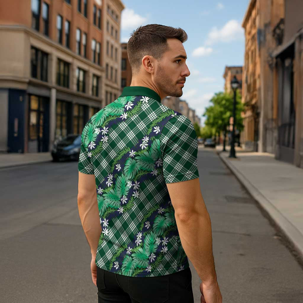 Polynesian Monstera Tiare Floral Zipper Polo Shirt Forest Green Tropical Plaid - Polynesian Pride