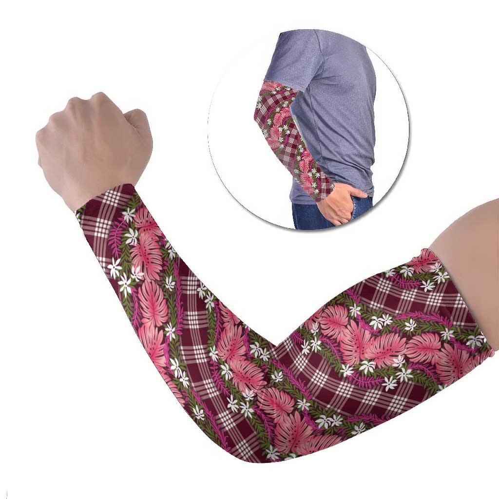 Polynesian Monstera Tiare Floral Arm Sleeves Fuchsia Tropical Plaid LT01 Set of 2 Pink - Polynesian Pride