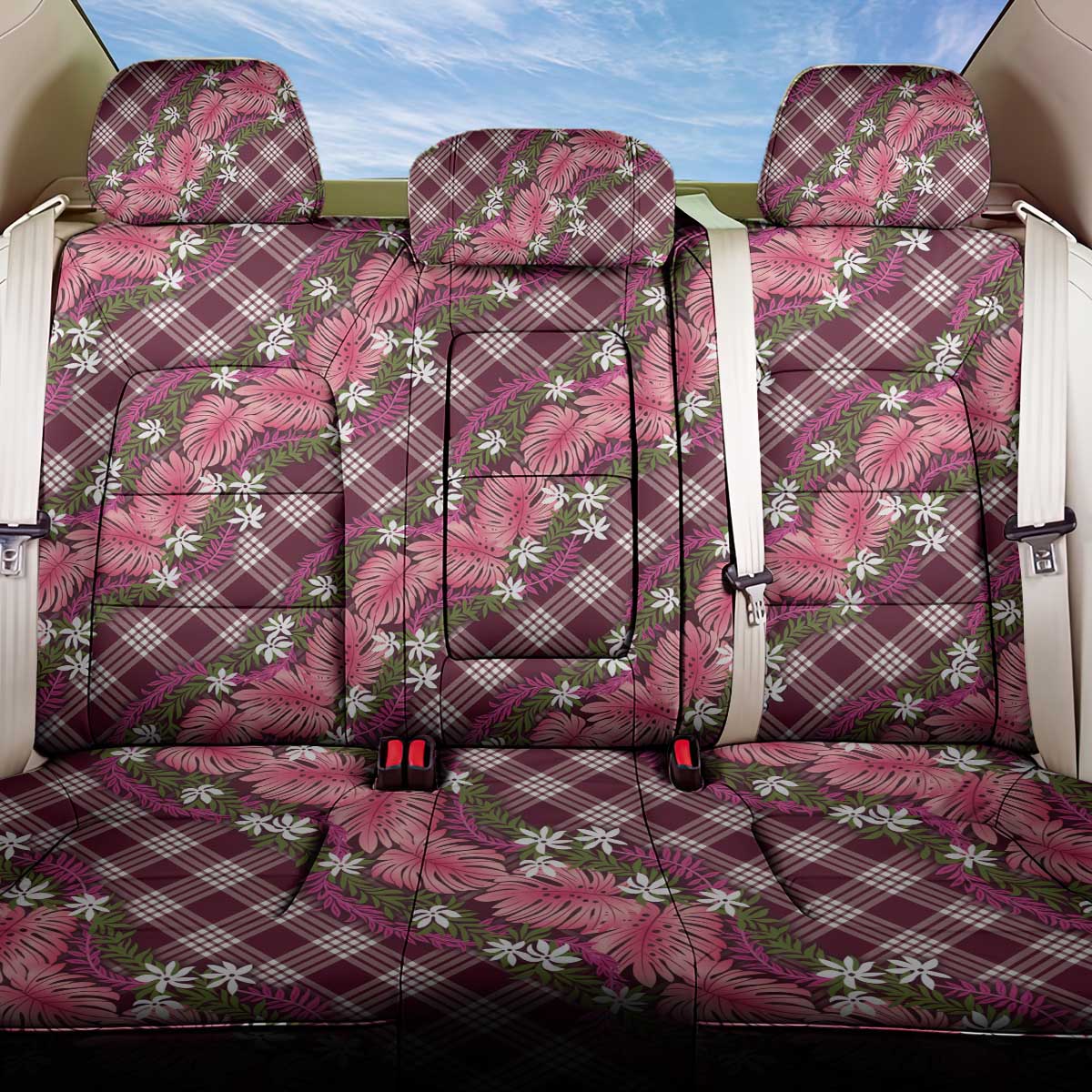 Polynesian Monstera Tiare Floral Back Car Seat Cover Fuchsia Tropical Plaid - Polynesian Pride