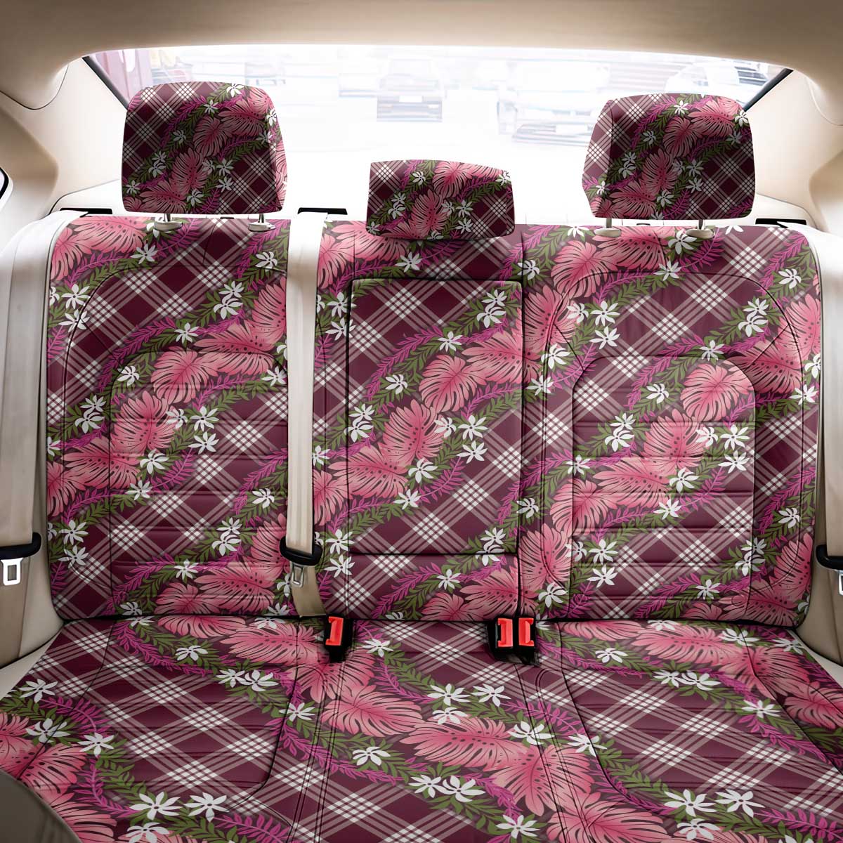 Polynesian Monstera Tiare Floral Back Car Seat Cover Fuchsia Tropical Plaid - Polynesian Pride