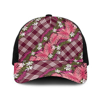 Polynesian Monstera Tiare Floral Baseball Net Cap Fuchsia Tropical Plaid - Polynesian Pride